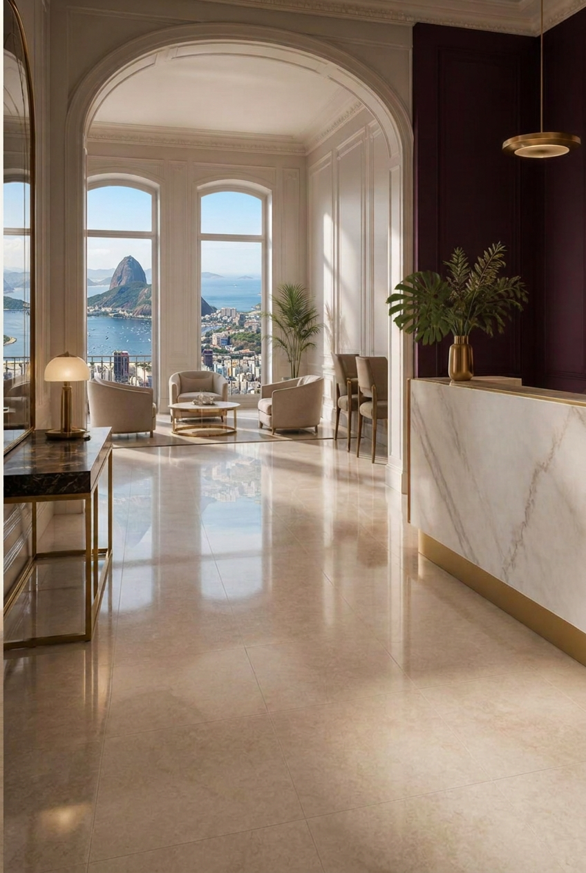 Recepção elegante em mármore com parede aubergine e detalhes em latão